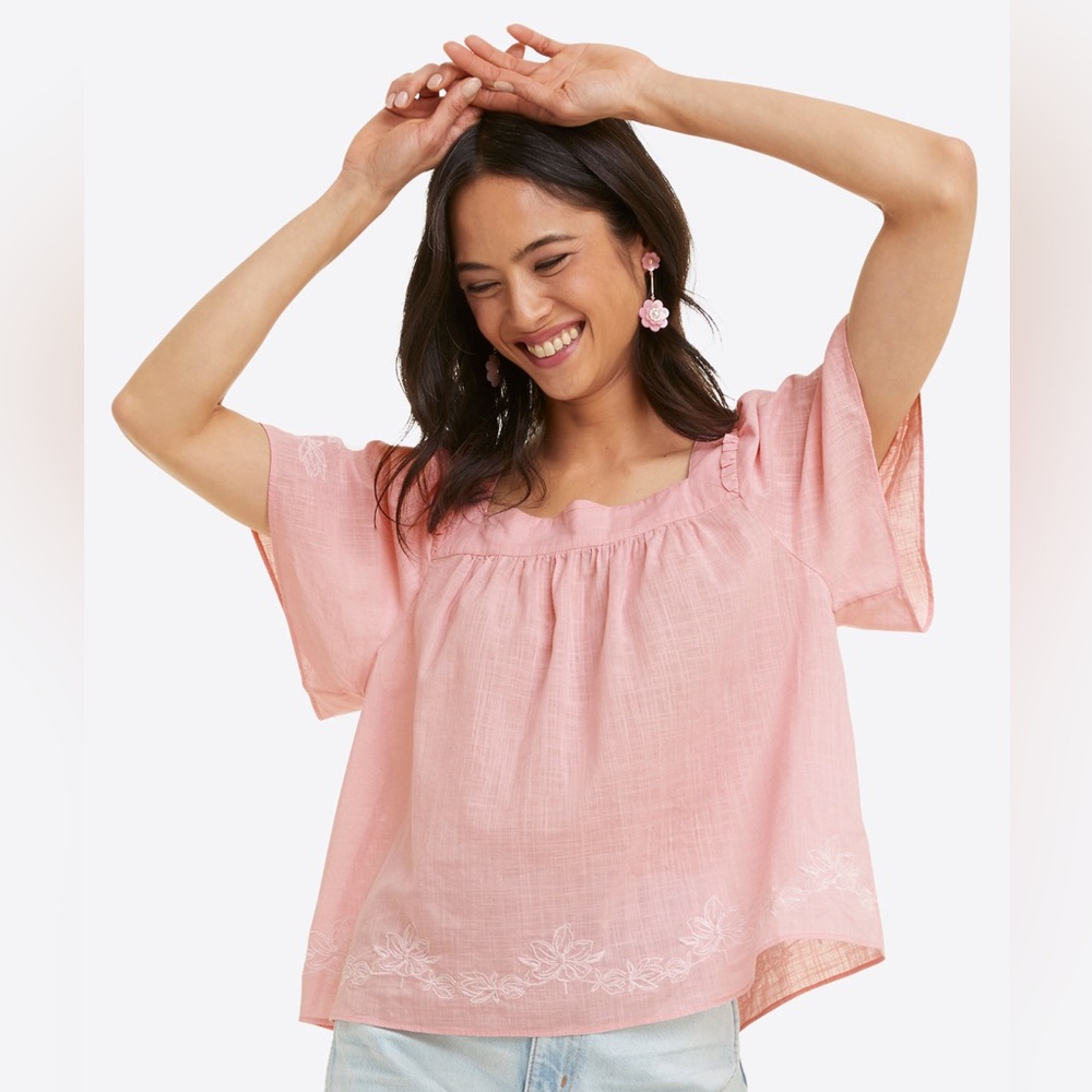 Draper James Marin Flutter Sleeve 100% Cotton Pink Embroidered Blouse size M